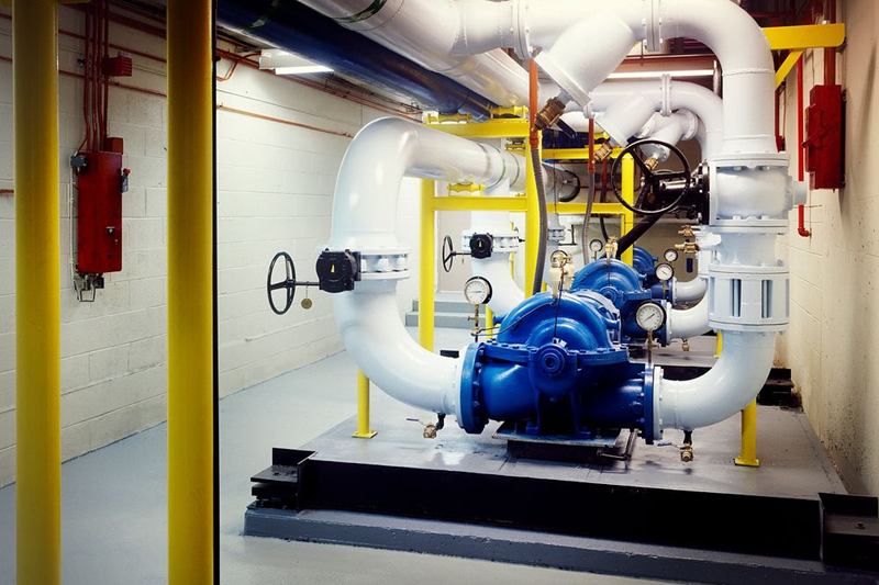 Sala técnica luminosa con tuberías y bomba, para descalcificar el termo
