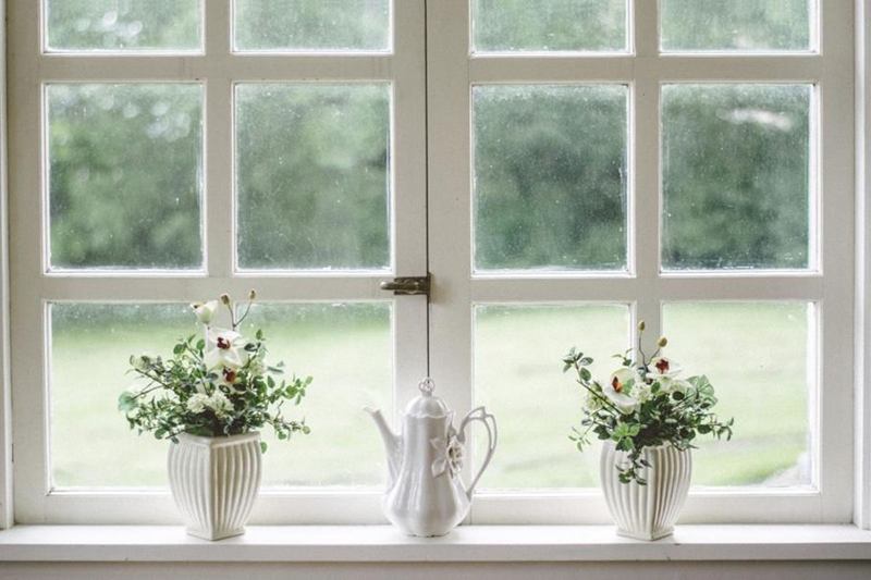 Clean paned window with flower pots, washed without streaks