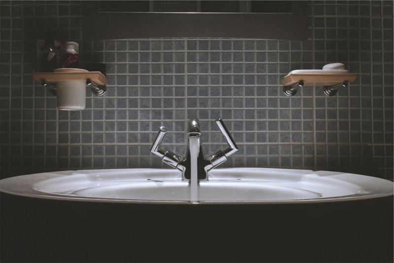 Dark tiled bathroom with washbasin where silverfish like to hide